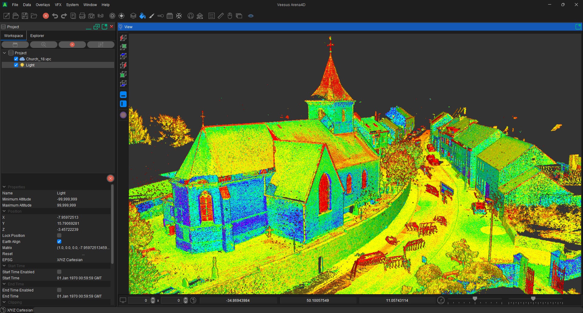 Arena4D Point Cloud visualisation of a church with colourful elevation mapping