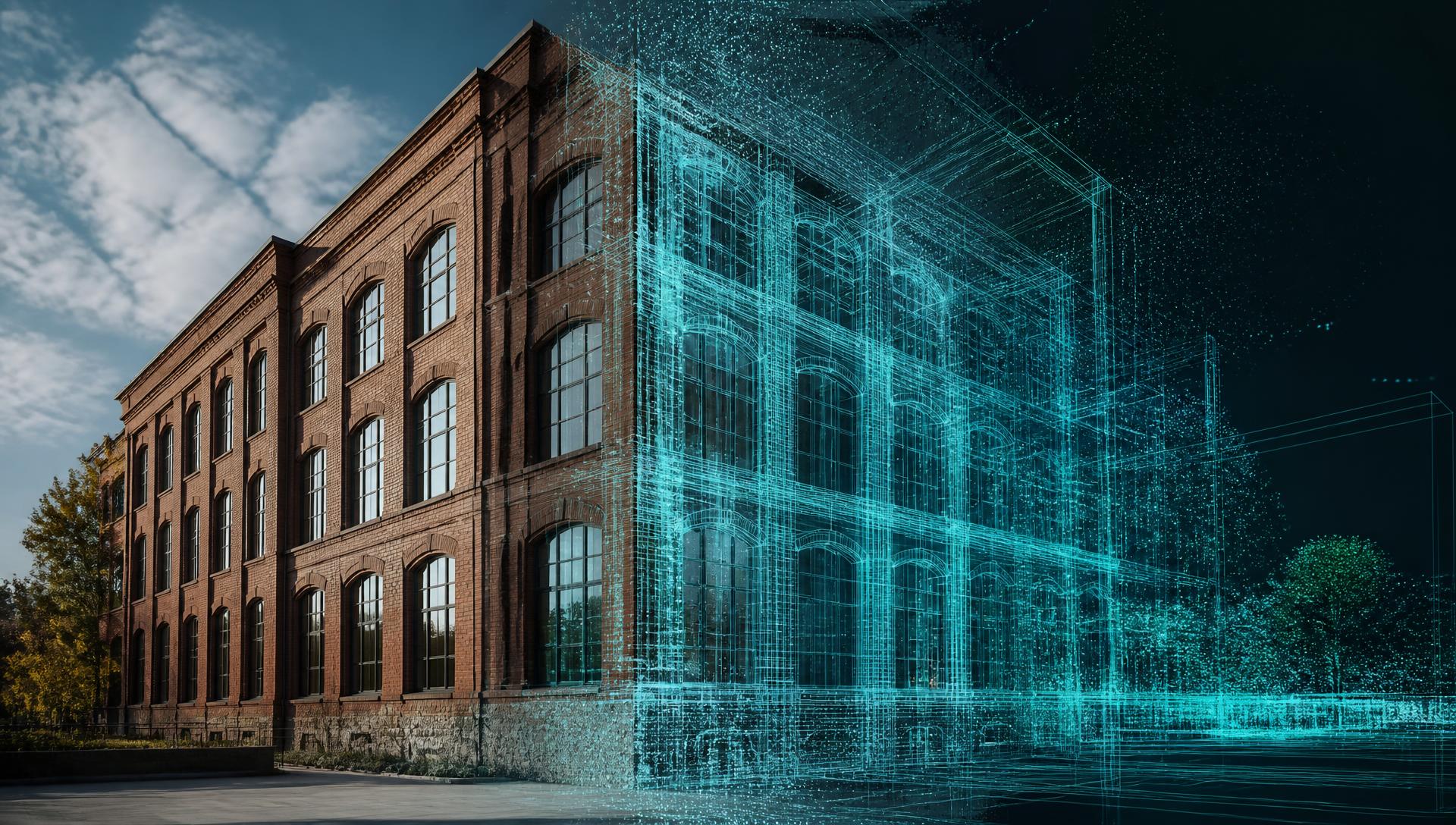 A real-world building morphing into a glowing digital 3D wireframe model