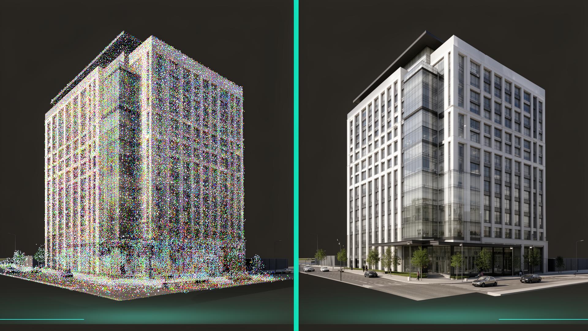 Comparison of Point Cloud data (left) versus Gaussian Splat rendering (right)