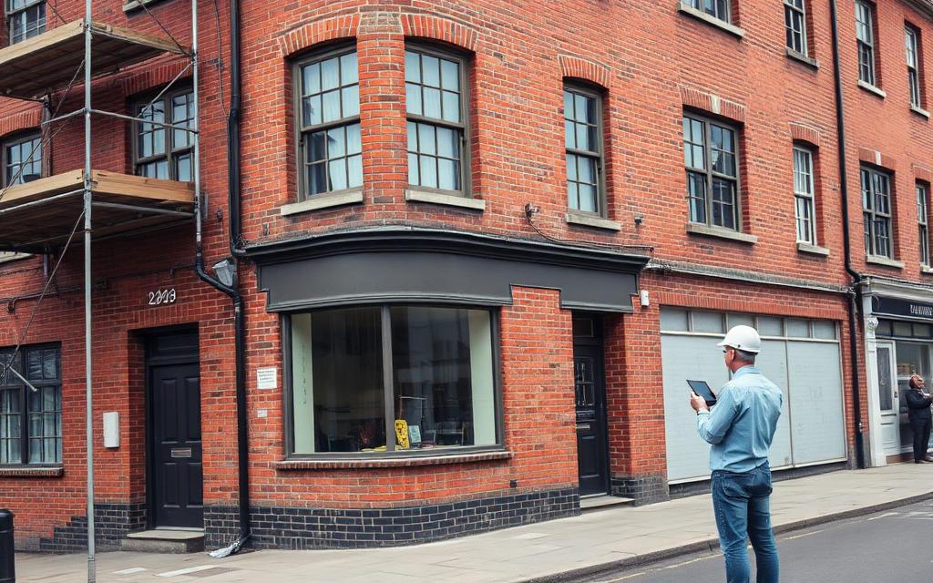 Surveyor assessing an older brick building before redesign