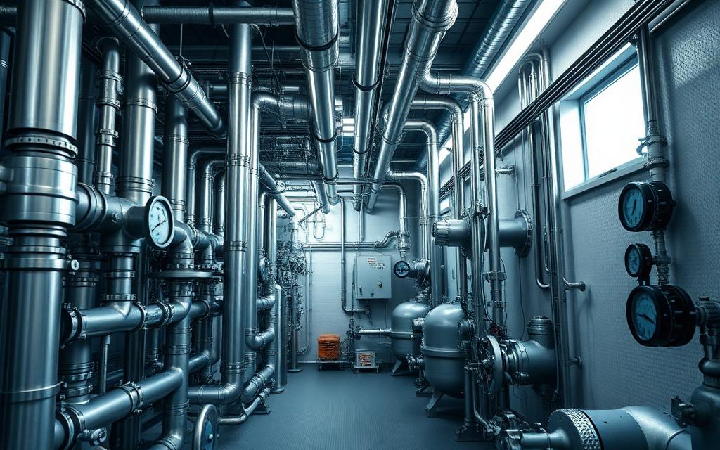 Industrial plant room with pipes, valves and gauges